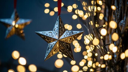 Two decorative star ornaments hang from red ribbons, illuminated by a string of warm, glowing bokeh lights against a dark blue background