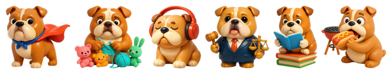 Wall Mural - PNG Adorable bulldog figurines in costumes, element set on transparent background