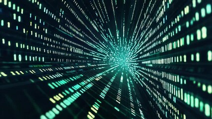 Binary code stream flowing in cyberspace tunnel visualization
