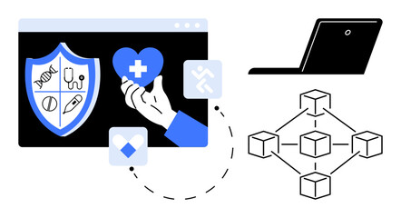 Hand holding heart with medical shield on screen, blockchain structure, and laptop indicate healthcare data security, transparency, and digital technology. Ideal for healthcare, security, digital