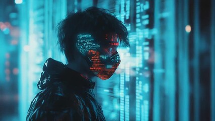 Hacker wearing augmented reality glasses analyzing computer code in futuristic cityscape
