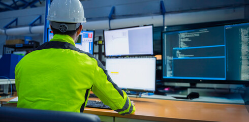 Engineer working at control room,Manager control system,Technician man monitoring program from a lot of monitor