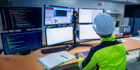 Engineer working at control room,Manager control system,Technician man monitoring program from a lot of monitor