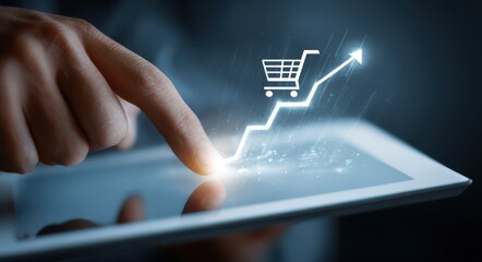 hand touching a tablet screen with a shopping cart icon