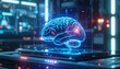 © HumblePride - Digital Brain Illustration: An illuminated, digital representation of the brain floats above a digital tablet, hinting at advancements in artificial intelligence, technology, and medical science.