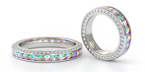 Crystal 3D rings with holographic rainbow gradient design isolated on white background