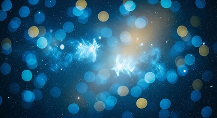 A mesmerizing display of blue and gold bokeh lights creates a dreamy and ethereal atmosphere, evoking a sense of wonder and tranquility