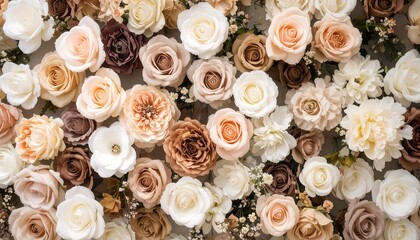 A wall adorned with a multitude of pastel-colored flowers, predominantly roses in various shades of beige, peach, and taupe