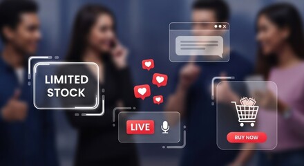 Group of friends engaging in a live stream shopping event with digital icons for social media engagement, limited stock alerts, and instant purchasing