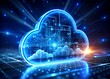 © Ripon Mia - Abstract glowing blue cloud symbol representing digital data and cloud computing technology on a dark background