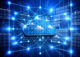 Digital cloud computing network connection with glowing blue lines and nodes in a futuristic data center