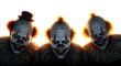 © A-STOCK - Three terrifying clowns with glowing eyes and spooky makeup emerge from the darkness with a sinister grin