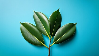 green leaves of ficus flower on a blue background