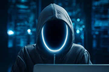 Faceless coder in futuristic environment, ambient screen light. A mysterious figure in a hoodie with a glowing face sits in front of a laptop amidst digital technology.