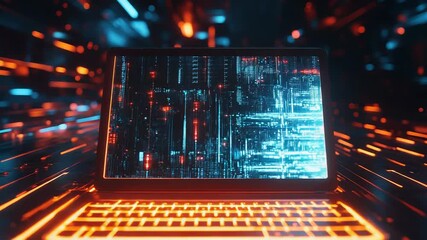 Laptop showing futuristic code in cyberspace environment