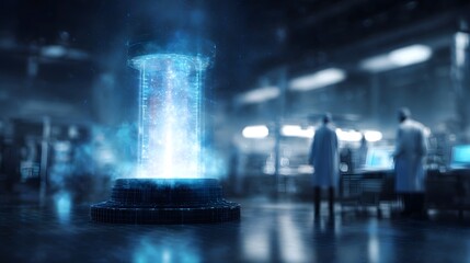 Wall Mural - a futuristic quantum computer with a glowing blue core stands prominently in an advanced laboratory 