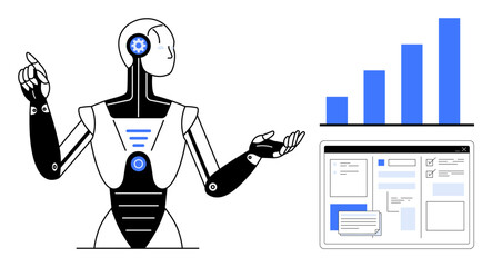 Humanoid robot gestures beside a bar chart and digital interface. Ideal for AI, automation, data analysis, innovation, technology, growth, futuristic vision. Clean simple flat metaphor