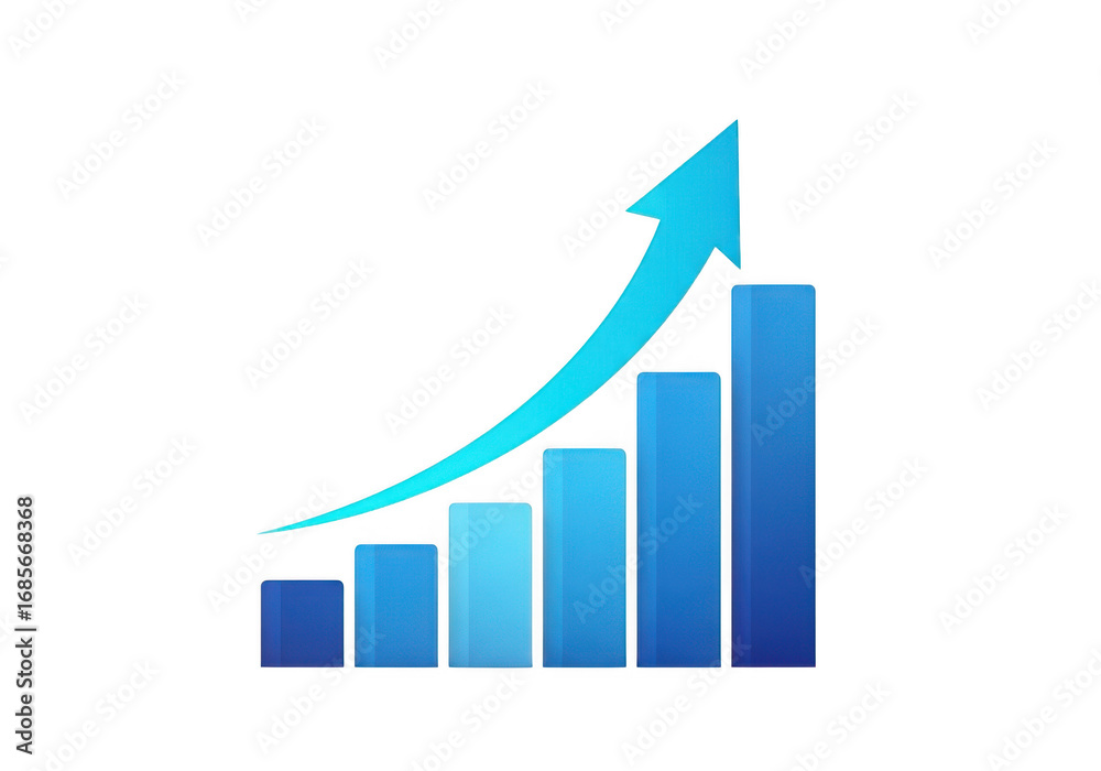 Blue bar chart with upward trending arrow showing business growth and ...