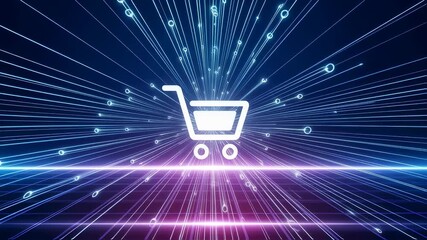 Wall Mural - Digital shopping cart icon with glowing lines moving through a network, symbolizing online purchase and technology payment footage.