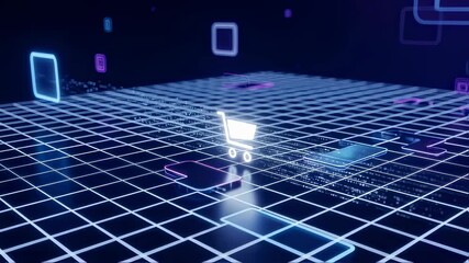 Wall Mural - AI payment confirmation for online shopping. Futuristic smart cart on digital grid. Technology, payment, and face ID concept. Footage.