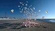 © Opal - Pink paper petals, scattered by wind, over a concrete roadway and icy shoreline