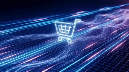 Wall Mural - Digital wireframe shopping cart moving across abstract grid with glowing data lines, symbolizing online shopping or e-commerce payment.