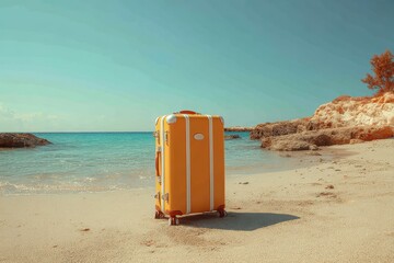 Wall Mural - Colorful suitcase stands on golden sandy beach under bright blue sky with calm ocean waves in the background during a peaceful holiday moment