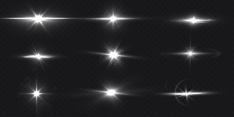 Wall Mural - Sunrise or sunset horizon, moon eclipse white spark effect vector illustrations set, glowing space planets shiny rays