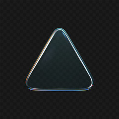 Wall Mural - 3D crystal glass triangle with refraction and iridescent effects isolated on dark background. Render transparent rotating glass prism with neon dispersion light and rainbow gradient. 3d vector figure
