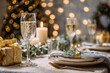 © Marina Demidiuk - Party and holiday celebration concept. Many glasses of champagne on the table in the restaurant. White sparkling wine glass. Christmas Three and lights Bokeh Background. Drinks Serving. Winter Weekend