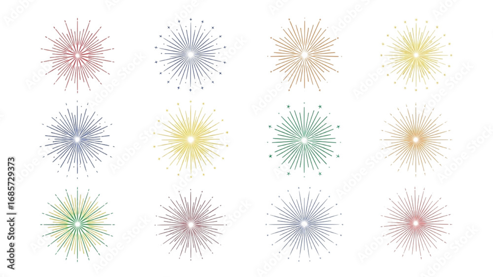 Line Firecrackers Vector Set | Colorful Radial Fireworks, Starburst Explosions, and Festive Celebration Design