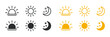 © Hasan_Sumon - Time of the day icons showing morning sunrise, bright noon sun, evening sunset, and night moon with stars representing daily cycle, weather, astronomy, calendar, and environment concept