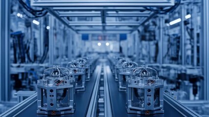 Array of gyrostabilized inertial navigation units lined up on conveyor belts in a highprecision aerospace manufacturing facility.
