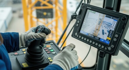 Construction equipment operator controlling crane with joystick inside cab