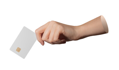 A person holds a modern debit card with visible chip isolated on white.
