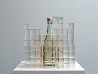 Clear glass bottle behind stacked transparent cubes
