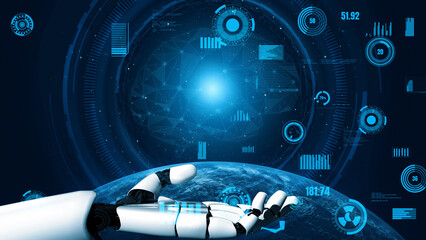 Wall Mural - a high-tech image showcasing a robotic hand extended towards a glowing globe, surrounded by digital 