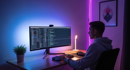 Young man coding on a computer in a room with colorful neon lights, focused on the screen with lines of code, working late at night