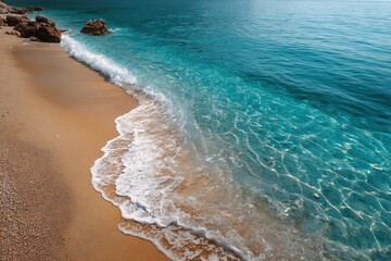 Wall Mural - Stunning summer beach setting with golden sand and turquoise water inviting relaxation under the sun