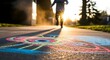 © helga - A child joyfully runs along a sunlit sidewalk, passing a vibrant chalk drawing, embodying carefree play and imagination during golden hour.