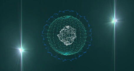 Wall Mural - Wireframe sphere rotating pulsing white nodes in green field, with blue waveform ring, teal flares