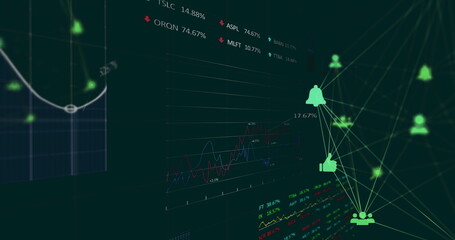 Wall Mural - Displaying bell and user icons network overlaying screen showing line chart and ticker percentages