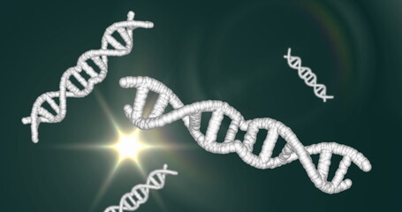 Wall Mural - Floating white 3D DNA helix glowing in dark green molecular environment, with starburst lens flare
