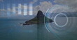 © vectorfusionart - Displaying rocky island rising from ocean waters, with circular HUD gauge and bar-chart overlays