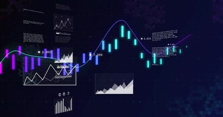 Wall Mural - Displaying dark trading platform tracking blue and purple trend line over teal bars, overlays