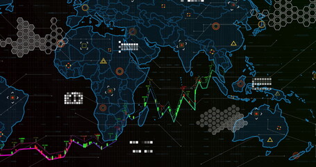 Wall Mural - Displaying digital world map overlaying dark-grid interface, with neon line charts and data markers