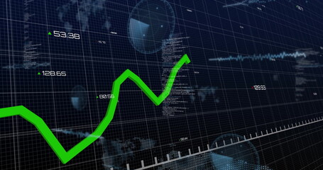 Wall Mural - Displaying green line chart trending upward on financial dashboard with numeric and code overlays
