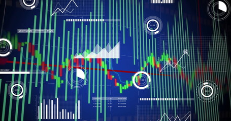 Wall Mural - Displaying trading dashboard on screen at desk, with candlestick bars, trend line, HUD timestamps