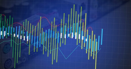 Wall Mural - Displaying bar chart with overlaying line graph on gridded dashboard, with engine background