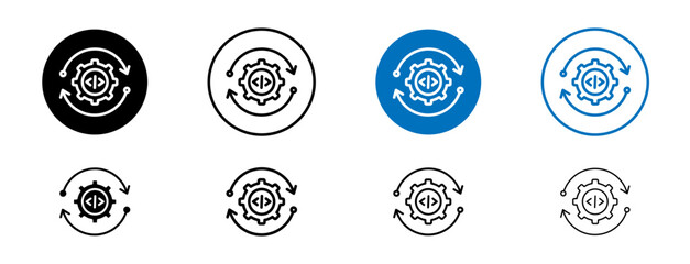 Code optimization icons set in black and blue colors on white background